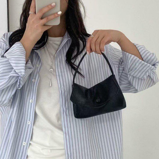 Dual Neutral Shade Minimal Curved Flap Mini Handbag With Snap Closure And Slim Integrated Top Handle