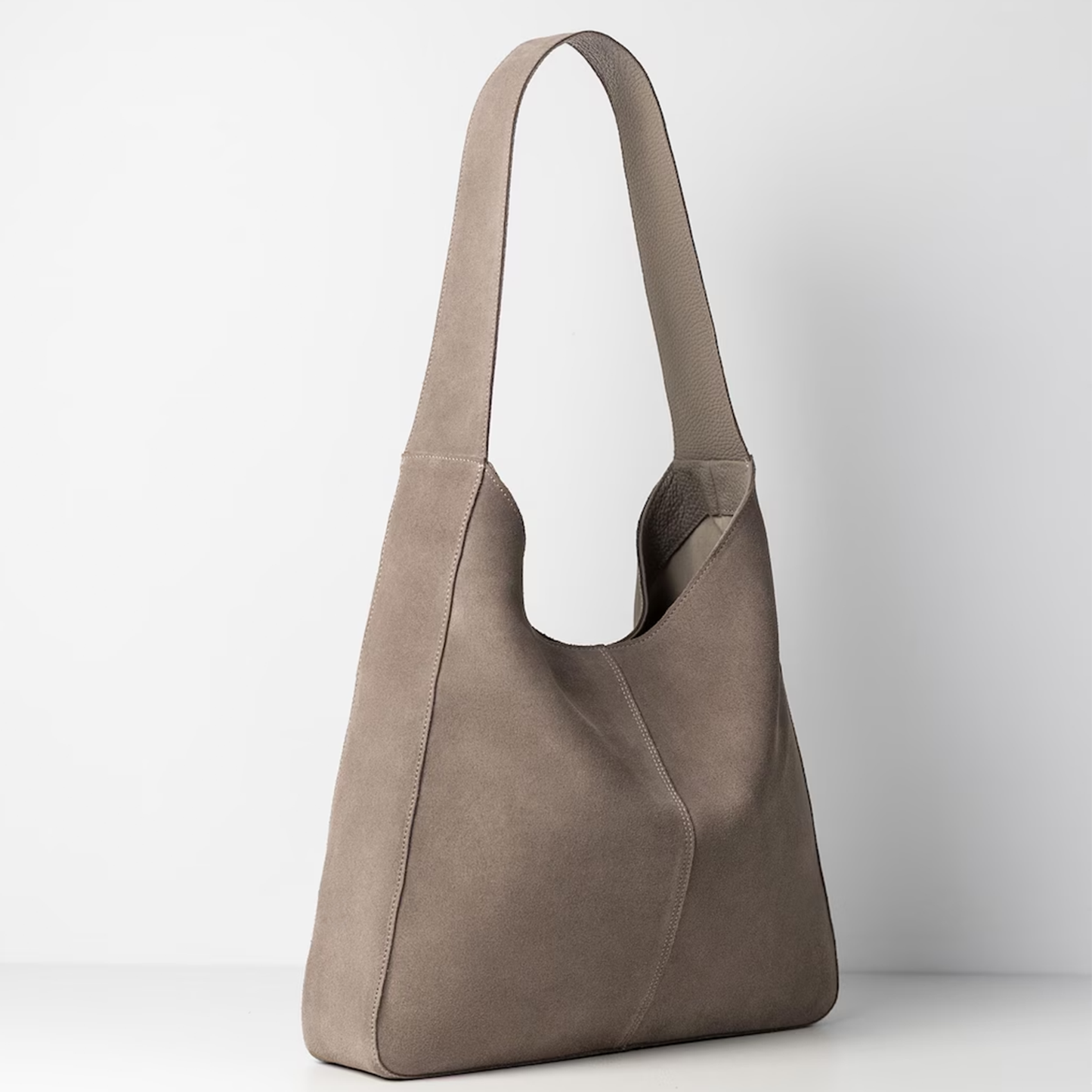 Ash Taupe Soft Fuzzy Large Hobo Tote With Wide Integrated Shoulder Strip, Front Linear Stitch Detailing And Spacious Open Top Inner Cavity