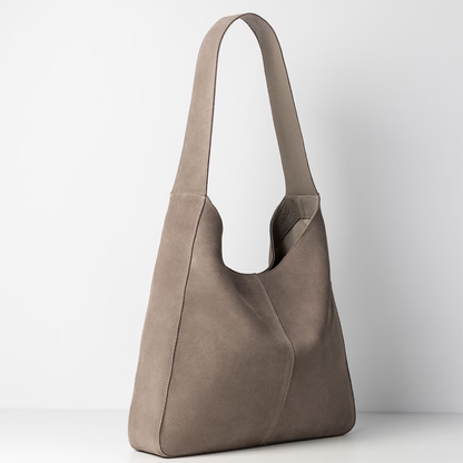 Ash Taupe Soft Fuzzy Large Hobo Tote With Wide Integrated Shoulder Strip, Front Linear Stitch Detailing And Spacious Open Top Inner Cavity