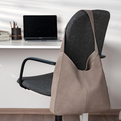 Ash Taupe Soft Fuzzy Large Hobo Tote With Wide Integrated Shoulder Strip, Front Linear Stitch Detailing And Spacious Open Top Inner Cavity